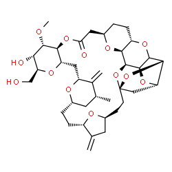 ChemSpider 2D Image | (1S,3S,6S,9S,12S,14R,16R,18S,20S,21S,22S,23S,27R,30S,33S,36R,37S)-21-Hydroxy-20-(hydroxymethyl)-22-methoxy-14-methyl-8,15-bis(methylene)-2,19,24,31,35,38,40,41,42-nonaoxanonacyclo[25.9.2.1~3,33~.1~3,3
4~.1~6,9~.1~12,16~.0~18,23~.0~30,37~.0~32,36~]dotetracontan-25-one | C38H54O13