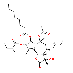 ChemSpider 2D Image | (3S,3aR,4R,6S,6aR,7S,8S,9bS)-6-Acetoxy-4-(butyryloxy)-3,3a-dihydroxy-3,6,9-trimethyl-8-{[(2Z)-2-methyl-2-butenoyl]oxy}-2-oxo-2,3,3a,4,5,6,6a,7,8,9b-decahydroazuleno[4,5-b]furan-7-yl octanoate | C34H50O12