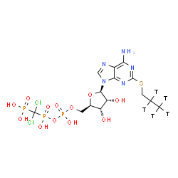 ChemSpider 2D Image | 5'-O-[({[dichloro(phosphono)methyl](hydroxy)phosphoryl}oxy)(hydroxy)phosphoryl]-2-[(2,2,3,3,3-~3~H_5_)propylsulfanyl]adenosine | C14H17T5Cl2N5O12P3S