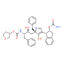 ChemSpider 2D Image | (3S)-Tetrahydro-3-furanyl [(2S,3S)-4-{(2S)-2-benzyl-4-[(1R,2R)-2-(carbamoyloxy)-2,3-dihydro-1H-inden-1-yl]-3-hydroxy-2H-pyrrol-2-yl}-3-hydroxy-1-phenyl-2-butanyl]carbamate | C36H39N3O7