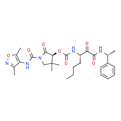 ChemSpider 2D Image | (3S)-1-[(3,5-Dimethyl-1,2-oxazol-4-yl)carbamoyl]-4,4-dimethyl-2-oxo-3-pyrrolidinyl [(3S)-1,2-dioxo-1-{[(1R)-1-phenylethyl]amino}-3-heptanyl]carbamate | C28H37N5O7