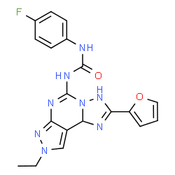 ChemSpider 2D Image | 1-[8-Ethyl-2-(2-furyl)-8,9b-dihydro-1H-pyrazolo[4,3-e][1,2,4]triazolo[1,5-c]pyrimidin-5-yl]-3-(4-fluorophenyl)urea | C19H17FN8O2