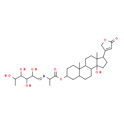 ChemSpider 2D Image | 14-Hydroxy-10,13-dimethyl-17-(5-oxo-2,5-dihydro-3-furanyl)hexadecahydro-1H-cyclopenta[a]phenanthren-3-yl 2-[(E)-(2,3,4,5-tetrahydroxyhexylidene)amino]propanoate | C32H49NO9