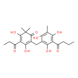ChemSpider 2D Image | 2-(3-Butyryl-2,4,6-trihydroxy-5-methylbenzyl)-3,5-dihydroxy-6,6-dimethyl-4-propionyl-2,4-cyclohexadien-1-one | C23H28O8
