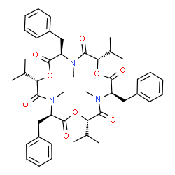ChemSpider 2D Image | (3R,6S,9R,12S,15R,18S)-3,9,15-Tribenzyl-6,12,18-triisopropyl-4,10,16-trimethyl-1,7,13-trioxa-4,10,16-triazacyclooctadecane-2,5,8,11,14,17-hexone | C45H57N3O9