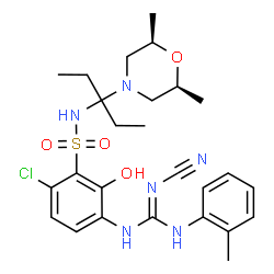ChemSpider 2D Image | 6-chloro-3-[N''-cyano-N'-(2-methylphenyl)carbamimidamido]-N-{3-[(2R,6S)-2,6-dimethylmorpholin-4-yl]pentan-3-yl}-2-hydroxybenzenesulfonamide | C26H35ClN6O4S