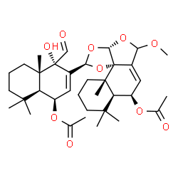 ChemSpider 2D Image | (2R,3aS,7R,7aS,11aS,11bS)-2-[(1S,4R,4aS,8aS)-4-Acetoxy-1-formyl-1-hydroxy-5,5,8a-trimethyl-1,4,4a,5,6,7,8,8a-octahydro-2-naphthalenyl]-5-methoxy-8,8,11a-trimethyl-5,7,7a,8,9,10,11,11a-octahydronaphtho
[1',2':3,4]furo[2,3-d][1,3]dioxol-7-yl acetate | C35H50O10