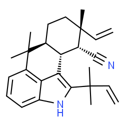 ChemSpider 2D Image | (6aS,9R,10R,10aR)-6,6,9-Trimethyl-1-(2-methyl-3-buten-2-yl)-9-vinyl-2,6,6a,7,8,9,10,10a-octahydronaphtho[1,2,3-cd]indole-10-carbonitrile | C26H32N2