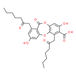 ChemSpider 2D Image | 3,8-Dihydroxy-11-oxo-1,6-bis(2-oxoheptyl)-11H-dibenzo[b,e][1,4]dioxepine-7-carboxylic acid | C28H32O9