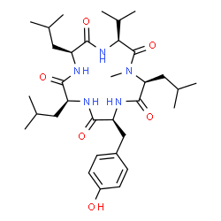ChemSpider 2D Image | Cyclo(N-methyl-L-leucyl-L-tyrosyl-L-leucyl-L-leucyl-L-valyl) | C33H53N5O6