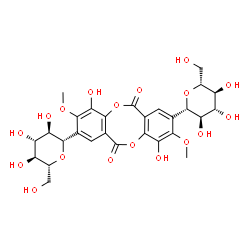 ChemSpider 2D Image | 4,10-Dihydroxy-3,9-dimethoxy-2,8-bis[(2S,3R,4R,5S,6R)-3,4,5-trihydroxy-6-(hydroxymethyl)tetrahydro-2H-pyran-2-yl]-6H,12H-dibenzo[b,f][1,5]dioxocine-6,12-dione | C28H32O18