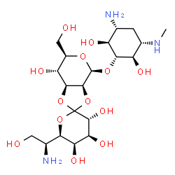 ChemSpider 2D Image | (3'R,3aS,4S,4'S,5'R,6R,6'R,7R,7aS)-4-{[(1R,2S,3R,5S,6R)-3-Amino-2,6-dihydroxy-5-(methylamino)cyclohexyl]oxy}-6'-[(1S)-1-amino-2-hydroxyethyl]-6-(hydroxymethyl)octahydro-4H-spiro[1,3-dioxolo[4,5-c]pyra
n-2,2'-pyran]-3',4',5',7-tetrol | C20H37N3O13