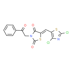 ChemSpider 2D Image | (5Z)-5-[(2,4-Dichloro-1,3-thiazol-5-yl)methylene]-3-(2-oxo-2-phenylethyl)-1,3-thiazolidine-2,4-dione | C15H8Cl2N2O3S2