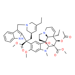 ChemSpider 2D Image | methyl (2beta,3beta,4beta,5alpha,12beta,19alpha)-4-(acetyloxy)-15-[(6R,8S)-4-ethyl-8-(methoxycarbonyl)-1,3,6,7,8,9-hexahydro-2,6-methanoazecino[4,3-b]indol-8-yl]-3-hydroxy-16-methoxy-1-methyl-6,7-didehydroaspidospermidine-3-carboxylate | C45H54N4O8