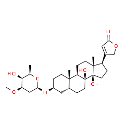 ChemSpider 2D Image | (3beta,5beta)-3-[(2,6-Dideoxy-3-O-methyl-beta-D-lyxo-hexopyranosyl)oxy]-8,14-dihydroxycard-20(22)-enolide | C30H46O8