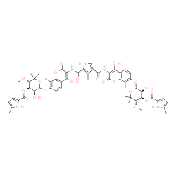 ChemSpider 2D Image | (3-Methyl-1H-pyrrole-2,4-diyl)bis[carbonylimino(4-hydroxy-8-methyl-2-oxo-2H-chromene-3,7-diyl)oxy(2S,3S,4R,5S)-3-hydroxy-5-methoxy-6,6-dimethyltetrahydro-2H-pyran-2,4-diyl] bis(5-methyl-1H-pyrrole-2-c
arboxylate) | C55H59N5O20