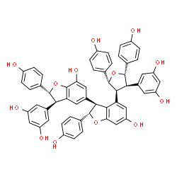 ChemSpider 2D Image | (2S,2'R,3S,3'R)-3'-(3,5-dihydroxyphenyl)-4-[(2R,3S,4R,5S)-4-(3,5-dihydroxyphenyl)-2,5-bis(4-hydroxyphenyl)tetrahydrofuran-3-yl]-2,2'-bis(4-hydroxyphenyl)-2,2',3,3'-tetrahydro-3,5'-bi-1-benzofuran-6,7'-diol | C56H44O13