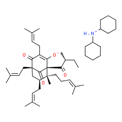 ChemSpider 2D Image | N-cyclohexylcyclohexanaminium (1S,5R,7S,8R)-8-methyl-1-(2-methylbutanoyl)-3,5,7-tris(3-methylbut-2-en-1-yl)-8-(4-methylpent-3-en-1-yl)-4,9-dioxobicyclo[3.3.1]non-2-en-2-olate | C48H77NO4