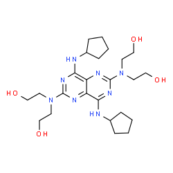 ChemSpider 2D Image | 2,2',2'',2'''-{[4,8-Bis(cyclopentylamino)pyrimido[5,4-d]pyrimidine-2,6-diyl]dinitrilo}tetraethanol | C24H40N8O4