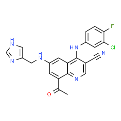 ChemSpider 2D Image | 8-Acetyl-4-[(3-chloro-4-fluorophenyl)amino]-6-[(1H-imidazol-4-ylmethyl)amino]-3-quinolinecarbonitrile | C22H16ClFN6O