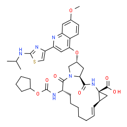 ChemSpider 2D Image | (2R,6S,12E,13aS,14aR,16aS)-6-{[(Cyclopentyloxy)carbonyl]amino}-2-({2-[2-(isopropylamino)-1,3-thiazol-4-yl]-7-methoxy-4-quinolinyl}oxy)-5,16-dioxo-1,2,3,6,7,8,9,10,11,13a,14,15,16,16a-tetradecahydrocyc
lopropa[e]pyrrolo[1,2-a][1,4]diazacyclopentadecine-14a(5H)-carboxylic acid | C40H50N6O8S