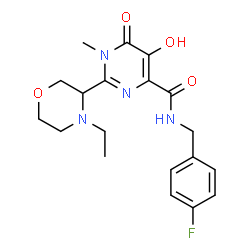 ChemSpider 2D Image | 2-(4-Ethyl-3-morpholinyl)-N-(4-fluorobenzyl)-5-hydroxy-1-methyl-6-oxo-1,6-dihydro-4-pyrimidinecarboxamide | C19H23FN4O4