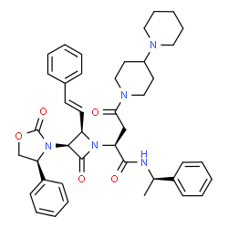 ChemSpider 2D Image | (2S)-4-(1,4'-Bipiperidin-1'-yl)-4-oxo-2-{(3S,4R)-2-oxo-3-[(4S)-2-oxo-4-phenyl-1,3-oxazolidin-3-yl]-4-[(E)-2-phenylvinyl]-1-azetidinyl}-N-[(1R)-1-phenylethyl]butanamide | C42H49N5O5