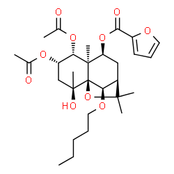 ChemSpider 2D Image | (1S,2R,4S,5R,6R,7S,9R,12R)-4,5-Diacetoxy-2-hydroxy-2,6,10,10-tetramethyl-12-(pentyloxy)-11-oxatricyclo[7.2.1.0~1,6~]dodec-7-yl 2-furoate | C29H42O10