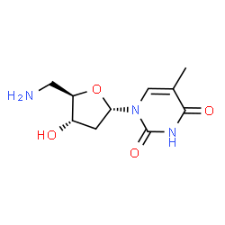 ChemSpider 2D Image | 1-(5-Amino-2,5-dideoxy-alpha-D-erythro-pentofuranosyl)-5-methyl-2,4(1H,3H)-pyrimidinedione | C10H15N3O4