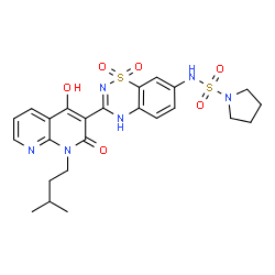 ChemSpider 2D Image | N-{3-[4-Hydroxy-1-(3-methylbutyl)-2-oxo-1,2-dihydro-1,8-naphthyridin-3-yl]-1,1-dioxido-2H-1,2,4-benzothiadiazin-7-yl}-1-pyrrolidinesulfonamide | C24H28N6O6S2