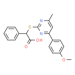 ChemSpider 2D Image | {[4-(4-Methoxyphenyl)-6-methyl-2-pyrimidinyl]sulfanyl}(phenyl)acetic acid | C20H18N2O3S