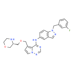 ChemSpider 2D Image | N-[1-(3-Fluorobenzyl)-1H-indazol-5-yl]-5-{[(3R)-3-morpholinylmethoxy]methyl}pyrrolo[2,1-f][1,2,4]triazin-4-amine | C26H26FN7O2