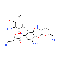 ChemSpider 2D Image | (2S)-4-amino-N-{(1R,2S,3S,4R,5S)-5-amino-2-[(3-amino-3-deoxy-alpha-D-galactopyranosyl)oxy]-4-[(2,6-diamino-2,3,4,6-tetradeoxy-alpha-D-erythro-hexopyranosyl)oxy]-3-hydroxycyclohexyl}-2-hydroxybutanamide | C22H44N6O10