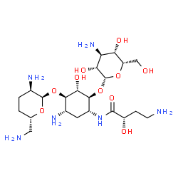 ChemSpider 2D Image | (2S)-4-Amino-N-{(1R,2S,3S,4R,5S)-5-amino-2-[(3-amino-3-deoxy-beta-L-idopyranosyl)oxy]-4-[(2,6-diamino-2,3,4,6-tetradeoxy-alpha-D-erythro-hexopyranosyl)oxy]-3-hydroxycyclohexyl}-2-hydroxybutanamide | C22H44N6O10