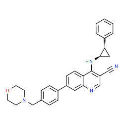 ChemSpider 2D Image | 7-[4-(4-Morpholinylmethyl)phenyl]-4-{[(1R,2S)-2-phenylcyclopropyl]amino}-3-quinolinecarbonitrile | C30H28N4O