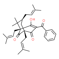ChemSpider 2D Image | (1S,5R,7S)-3-Benzoyl-4-hydroxy-6,6-dimethyl-1,5,7-tris(3-methyl-2-buten-1-yl)bicyclo[3.3.1]non-3-ene-2,9-dione | C33H42O4