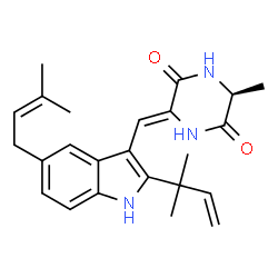 ChemSpider 2D Image | (3S,6Z)-3-Methyl-6-{[2-(2-methyl-3-buten-2-yl)-5-(3-methyl-2-buten-1-yl)-1H-indol-3-yl]methylene}-2,5-piperazinedione | C24H29N3O2