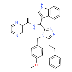 ChemSpider 2D Image | N-{(R)-1H-Indol-3-yl[4-(4-methoxybenzyl)-5-(2-phenylethyl)-4H-1,2,4-triazol-3-yl]methyl}-2-pyrazinecarboxamide | C32H29N7O2