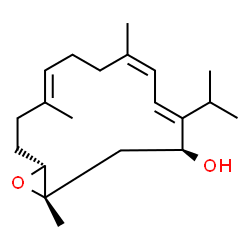 ChemSpider 2D Image | (1S,3S,4E,6Z,10E,14R)-4-Isopropyl-1,7,11-trimethyl-15-oxabicyclo[12.1.0]pentadeca-4,6,10-trien-3-ol | C20H32O2
