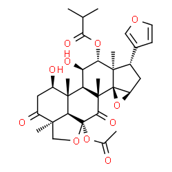 ChemSpider 2D Image | (1aR,3S,3aR,4R,5R,5aR,5bR,6R,8aS,10aR,10bR,11aR,11bR)-10a-Acetoxy-3-(3-furyl)-5,6-dihydroxy-3a,5b,8a,11a-tetramethyl-8,11-dioxohexadecahydro-1aH-oxireno[2',3']cyclopenta[1',2':7,8]phenanthro[10,1-bc]f
uran-4-yl 2-methylpropanoate | C32H40O11