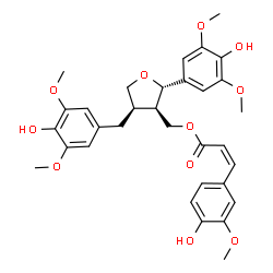 ChemSpider 2D Image | [(2S,3R,4R)-4-(4-Hydroxy-3,5-dimethoxybenzyl)-2-(4-hydroxy-3,5-dimethoxyphenyl)tetrahydro-3-furanyl]methyl (2Z)-3-(4-hydroxy-3-methoxyphenyl)acrylate | C32H36O11