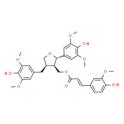 ChemSpider 2D Image | [(2S,3R,4R)-4-(4-Hydroxy-3,5-dimethoxybenzyl)-2-(4-hydroxy-3,5-dimethoxyphenyl)tetrahydro-3-furanyl]methyl (2E)-3-(4-hydroxy-3-methoxyphenyl)acrylate | C32H36O11