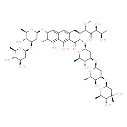ChemSpider 2D Image | (1S)-5-deoxy-1-C-[(2S,3S)-7-{[2,6-dideoxy-3-O-(2,6-dideoxy-beta-D-arabino-hexopyranosyl)-beta-D-arabino-hexopyranosyl]oxy}-3-{[2,6-dideoxy-3-C-methyl-beta-D-ribo-hexopyranosyl-(1->3)-2,6-dideoxy-alpha-L-ribo-hexopyranosyl-(1->3)-2,6-dideoxy-beta-D-arabino-hexopyranosyl]oxy}-5,10-dihydroxy-6-methyl-4-oxo-1,2,3,4-tetrahydroanthracen-2-yl]-1-O-methyl-D-xylulose | C52H76O24
