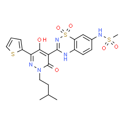 ChemSpider 2D Image | N-{3-[5-Hydroxy-2-(3-methylbutyl)-3-oxo-6-(2-thienyl)-2,3-dihydro-4-pyridazinyl]-1,1-dioxido-2H-1,2,4-benzothiadiazin-7-yl}methanesulfonamide | C21H23N5O6S3