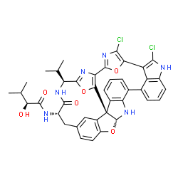 ChemSpider 2D Image | (2S)-N-[(10S,13S,20S,21R)-3,35-Dichloro-10-isopropyl-12-oxo-8,37,40-trioxa-4,11,22,34,39-pentaazadecacyclo[27.6.1.1~2,5~.1~6,9~.1~15,19~.1~18,21~.0~7,20~.0~20,24~.0~23,28~.0~33,36~]tetraconta-1(35),2,
4,6,9(39),15(38),16,18,23,25,27,29(36),30,32-tetradecaen-13-yl]-2-hydroxy-3-methylbutanamide | C40H34Cl2N6O6