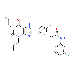 ChemSpider 2D Image | N-(3-Chlorophenyl)-2-[3-(2,6-dioxo-1,3-dipropyl-2,3,6,7-tetrahydro-1H-purin-8-yl)-5-methyl-1H-pyrazol-1-yl]acetamide | C23H26ClN7O3