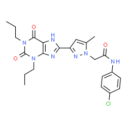 ChemSpider 2D Image | N-(4-Chlorophenyl)-2-[3-(2,6-dioxo-1,3-dipropyl-2,3,6,7-tetrahydro-1H-purin-8-yl)-5-methyl-1H-pyrazol-1-yl]acetamide | C23H26ClN7O3