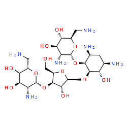 ChemSpider 2D Image | (1S,2R,3S,4R,6S)-4,6-Diamino-2-{[3-O-(2,6-diamino-2,6-dideoxy-beta-L-idopyranosyl)-beta-D-xylofuranosyl]oxy}-3-hydroxycyclohexyl 2,6-diamino-2,6-dideoxy-alpha-D-glucopyranoside | C23H46N6O13