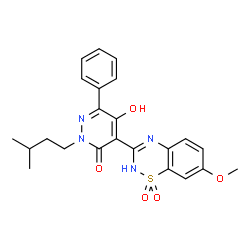 ChemSpider 2D Image | 5-Hydroxy-4-(7-methoxy-1,1-dioxido-2H-1,2,4-benzothiadiazin-3-yl)-2-(3-methylbutyl)-6-phenyl-3(2H)-pyridazinone | C23H24N4O5S