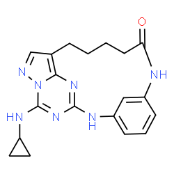 ChemSpider 2D Image | 18-(Cyclopropylamino)-2,8,16,17,19,20-hexaazatetracyclo[12.5.2.1~3,7~.0~17,21~]docosa-1(20),3(22),4,6,14(21),15,18-heptaen-9-one | C19H21N7O